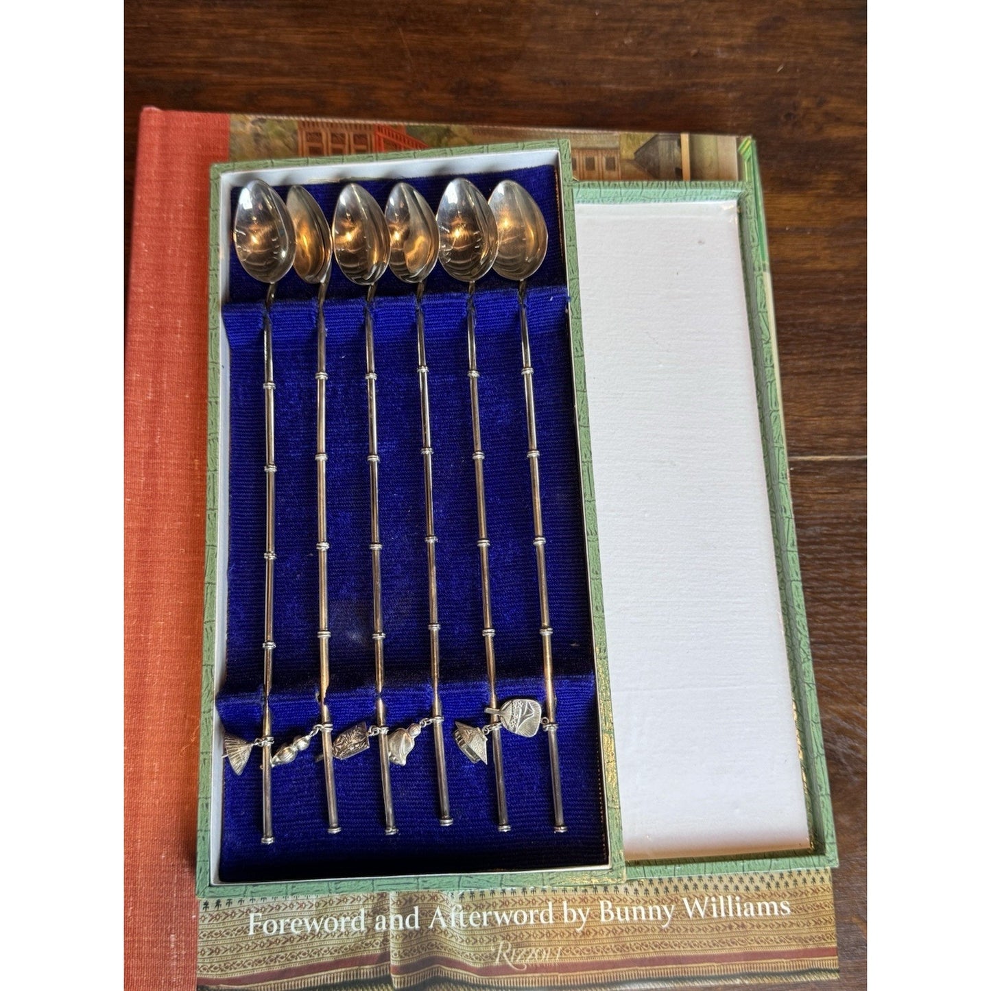 Silver Cocktail Straw Spoons 950 Sterling Bamboo Handle Asian Charms Set VINTAGE