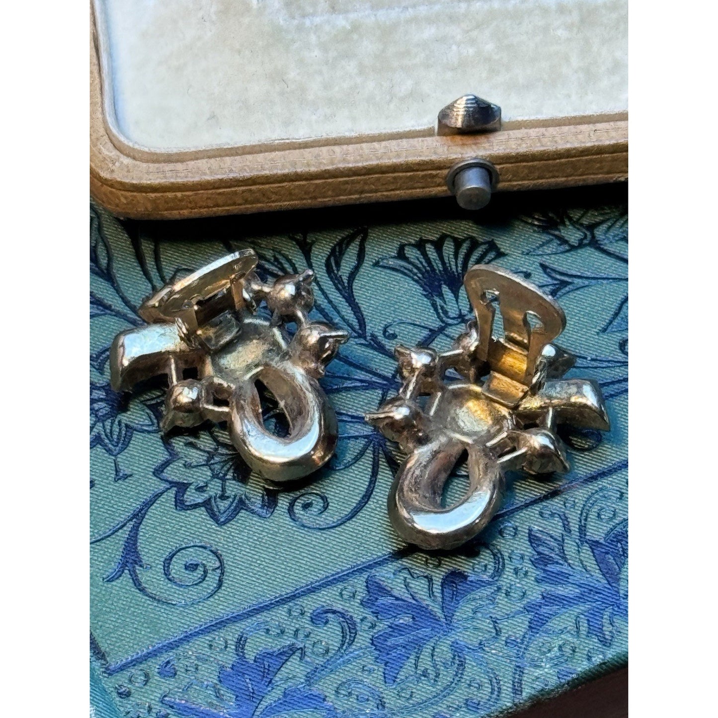 Vintage Ribbon Clip-On Earrings Rose Goldtone Red Clear Rhinestones 1”