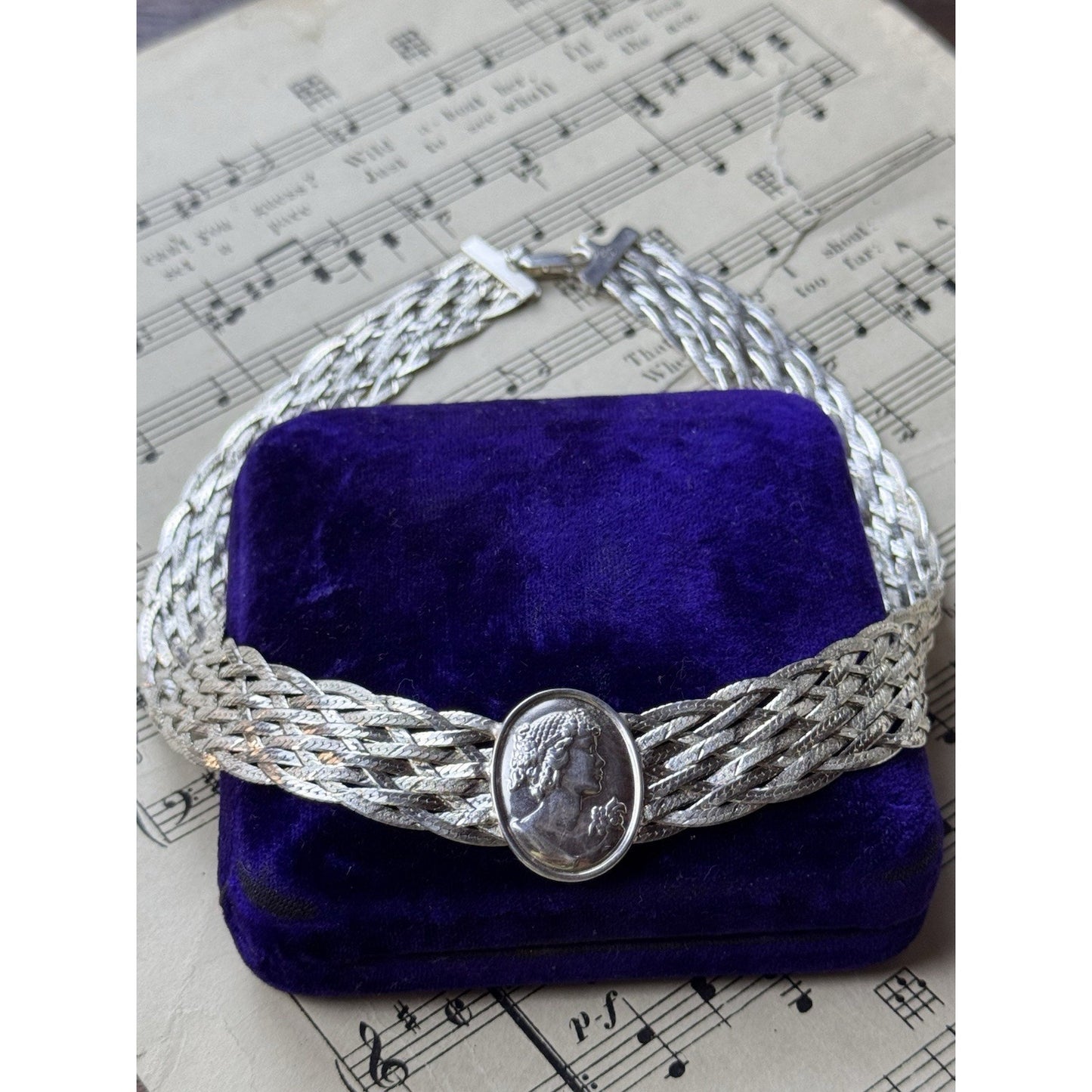 Cameo Multi Strand Braided Necklace Sterling Silver 16” Italy .75” Wide