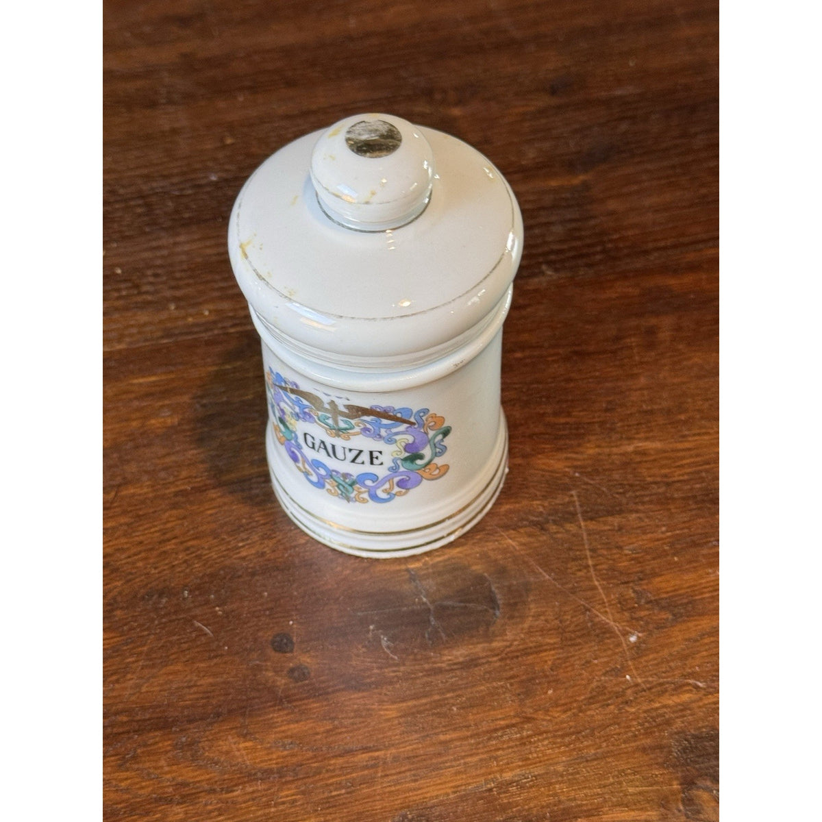 Vintage Porcelain Gauze Apothecary Jar Medical Canister With Lid 4.25”