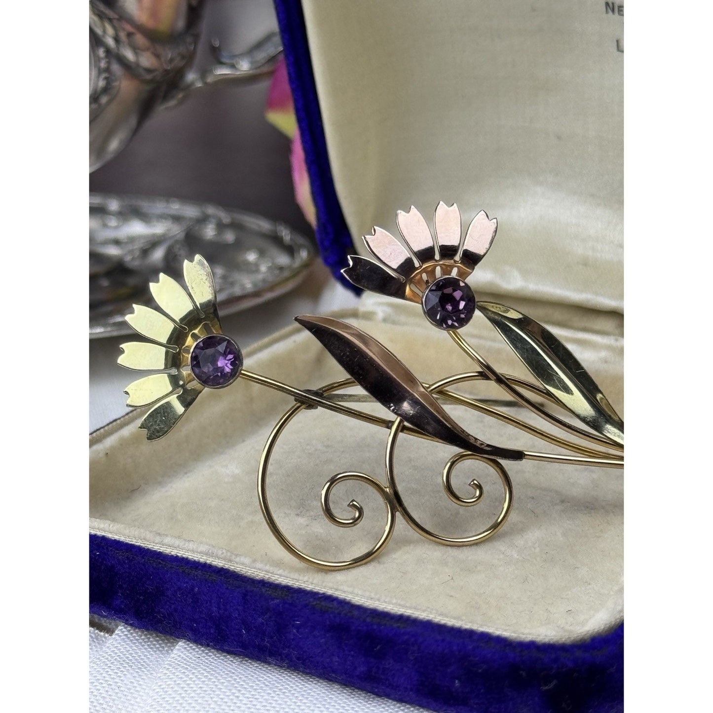 Van Dell Sterling Gold-Filled Floral Brooch Purple Rhinestones 3” Vintage