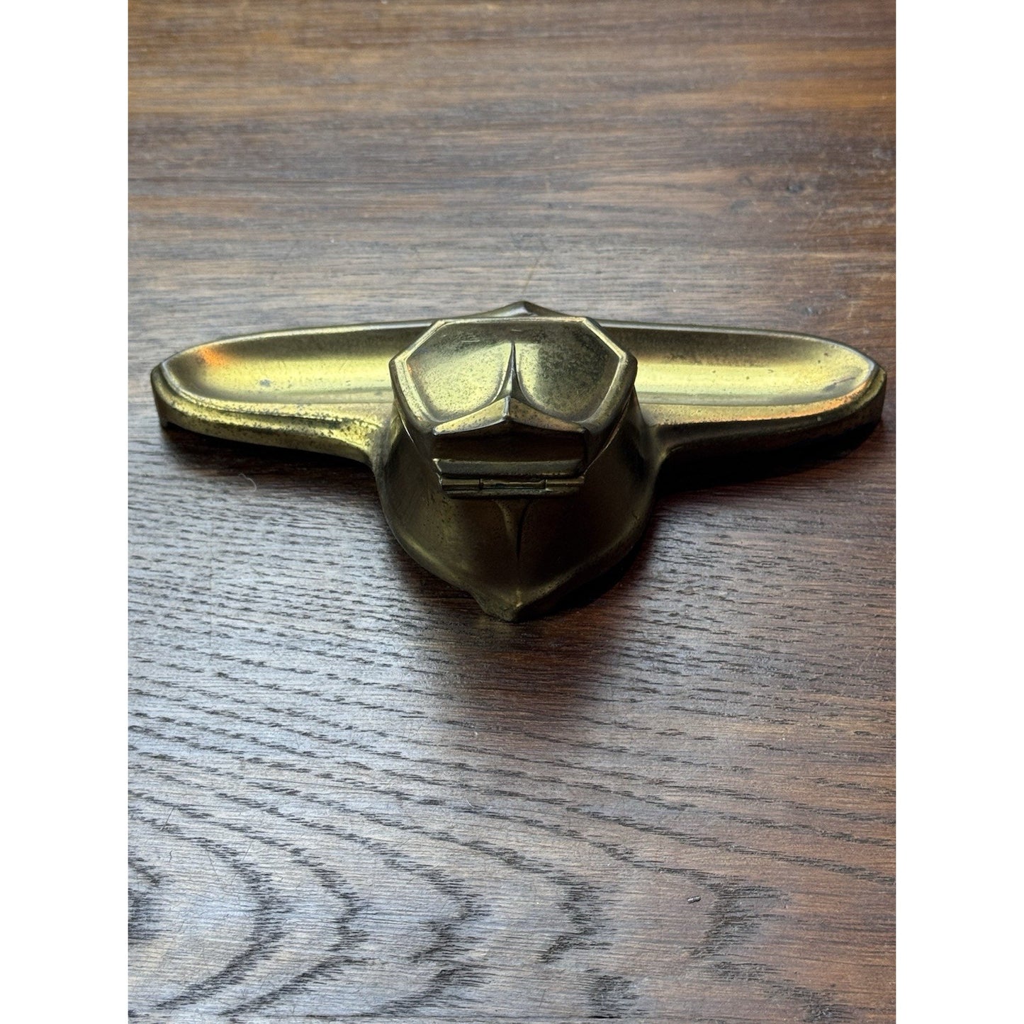 Antique Art Deco Brass Tone Ink Stand Inkwell Pen Tray 6.5” Desk Accessory