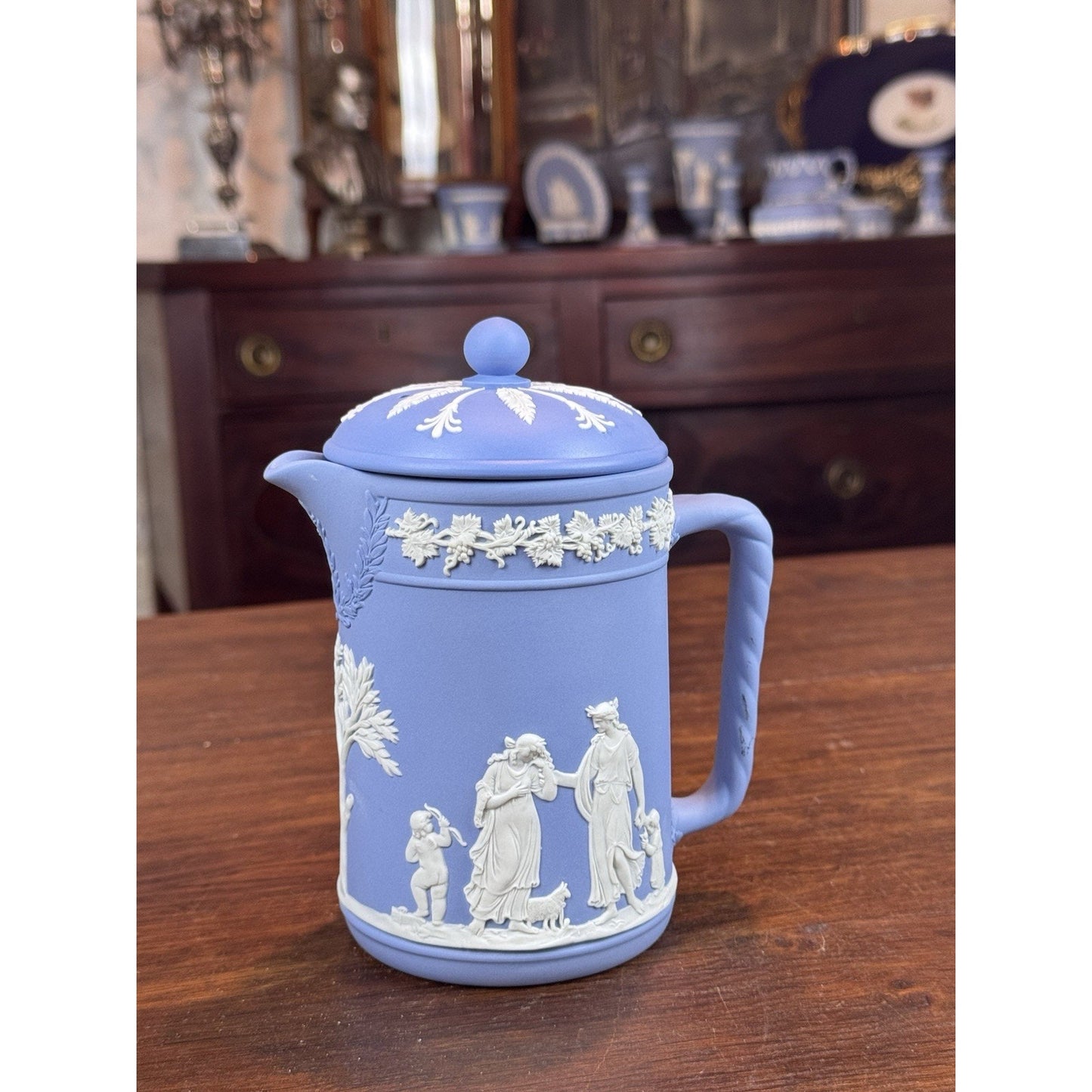 Vintage Wedgwood Jasperware Blue Dip Lidded Pitcher 6.5”