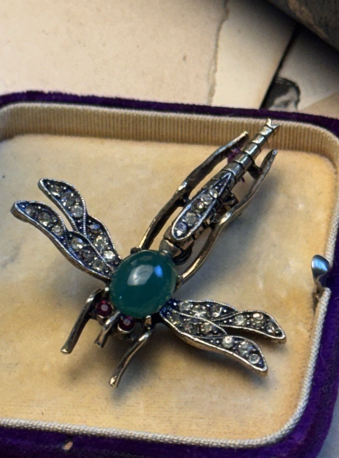 Dragonfly Brooch ART Signed Green Cabochon Rhinestone Goldtone Vintage Pin 1.75”