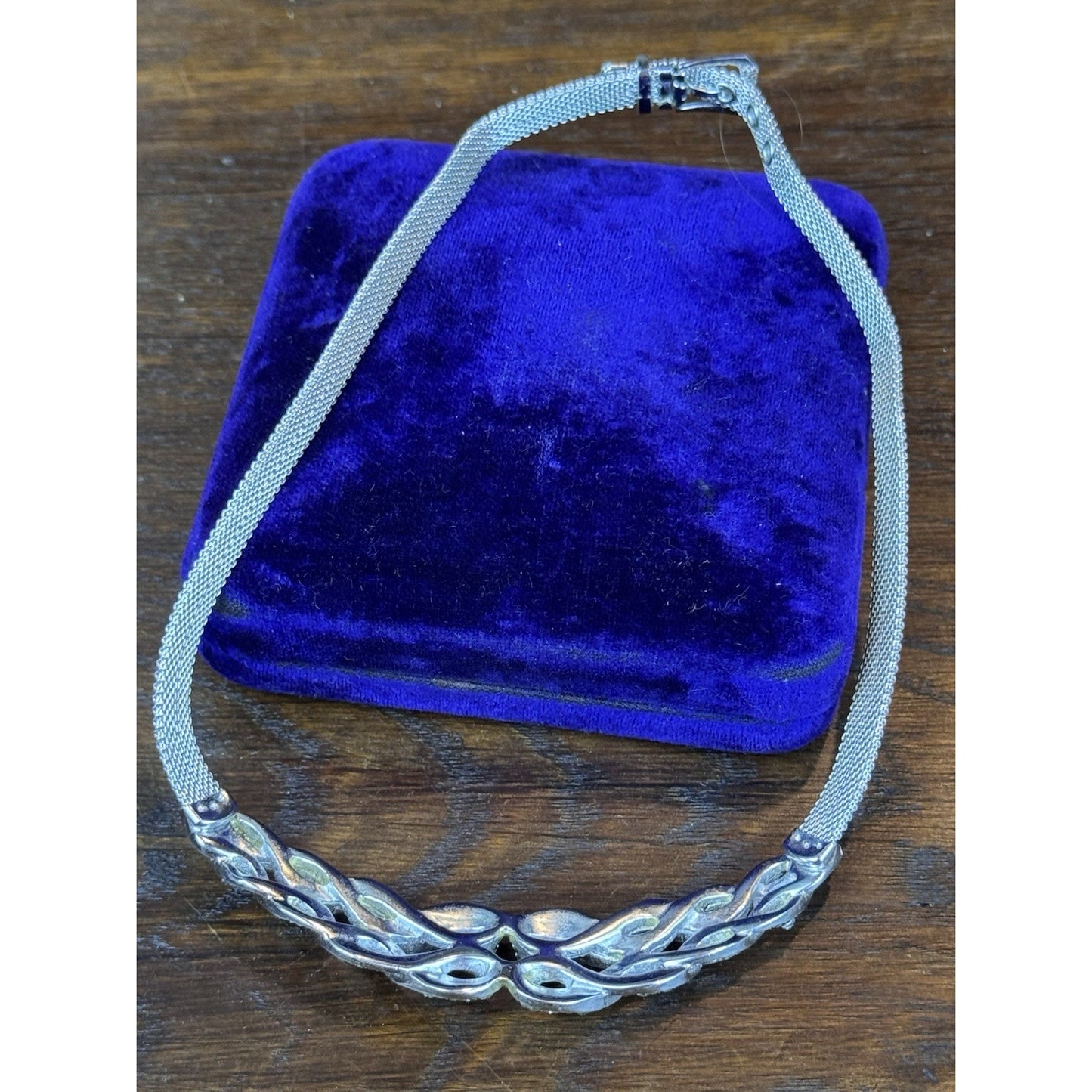 Vintage Rhinestone Collar Necklace Silvertone Mesh Art Deco Style Statement 14”