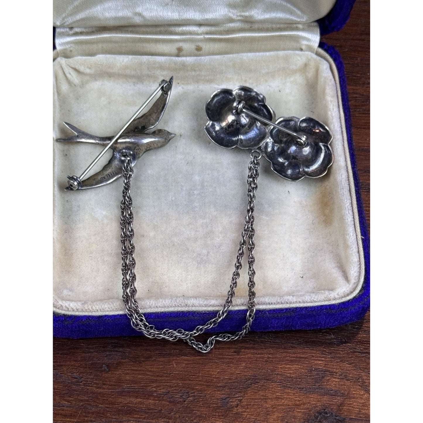 Vintage Sterling Silver Chatelaine Brooch Swallow Roses Double Chain 5.25”