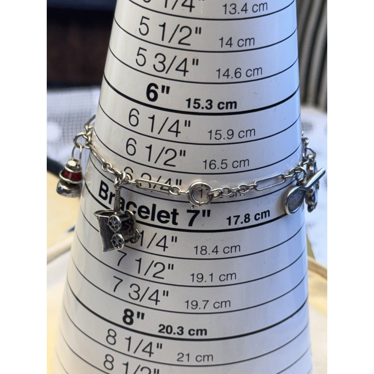 Sterling Silver Charm Bracelet 8 Charms Articulated Scissors & Cannon 6.75