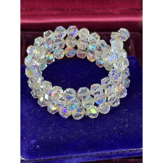 Vintage Bracelet AB Crystal Clear Aurora Borealis Multi Strand Memory Wire 6.75”
