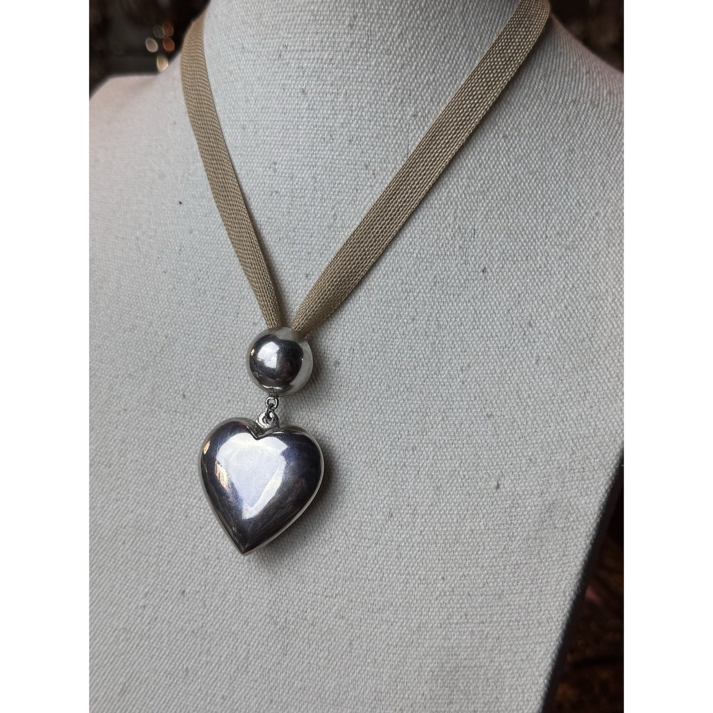 Vintage Sterling Silver 925 Puffy Heart Pendant Necklace 27” Ribbon 2.5”