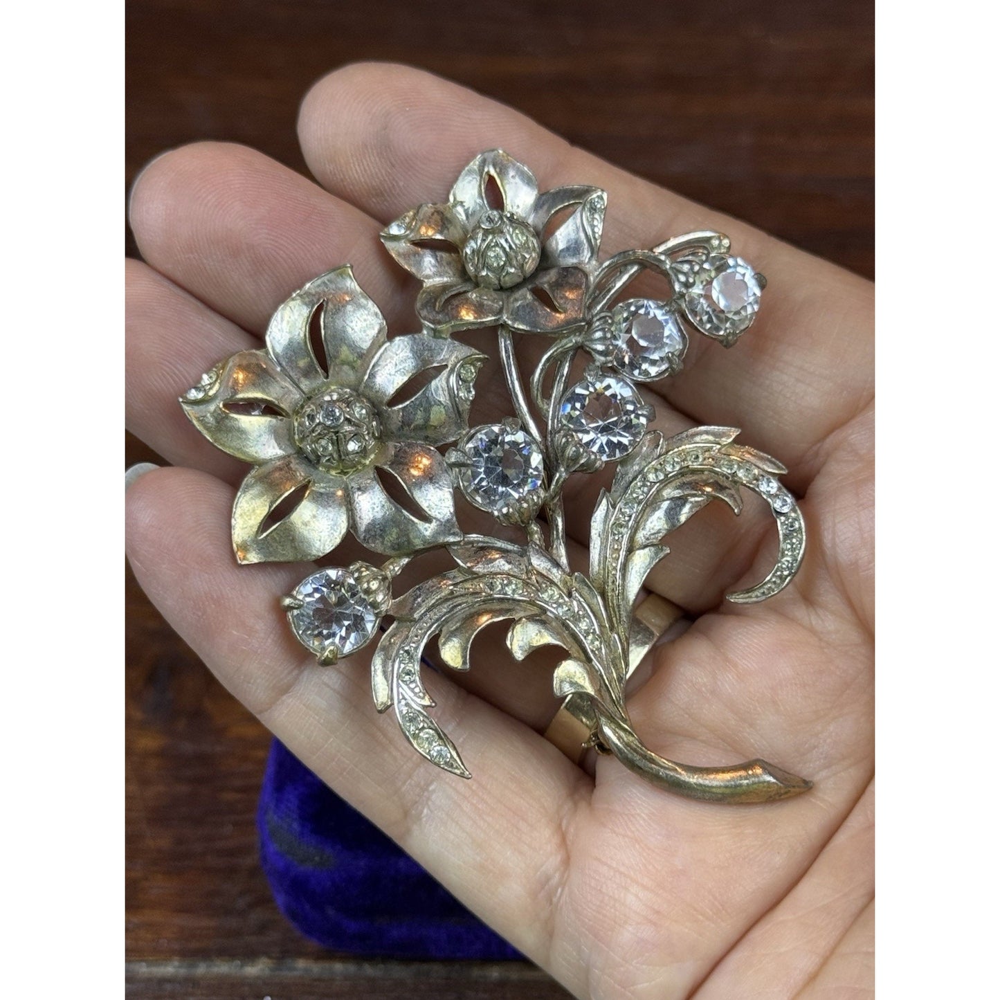 Vintage Brooch Silver-Goldtone Floral Clear Rhinestone Flower Spray Large 3”