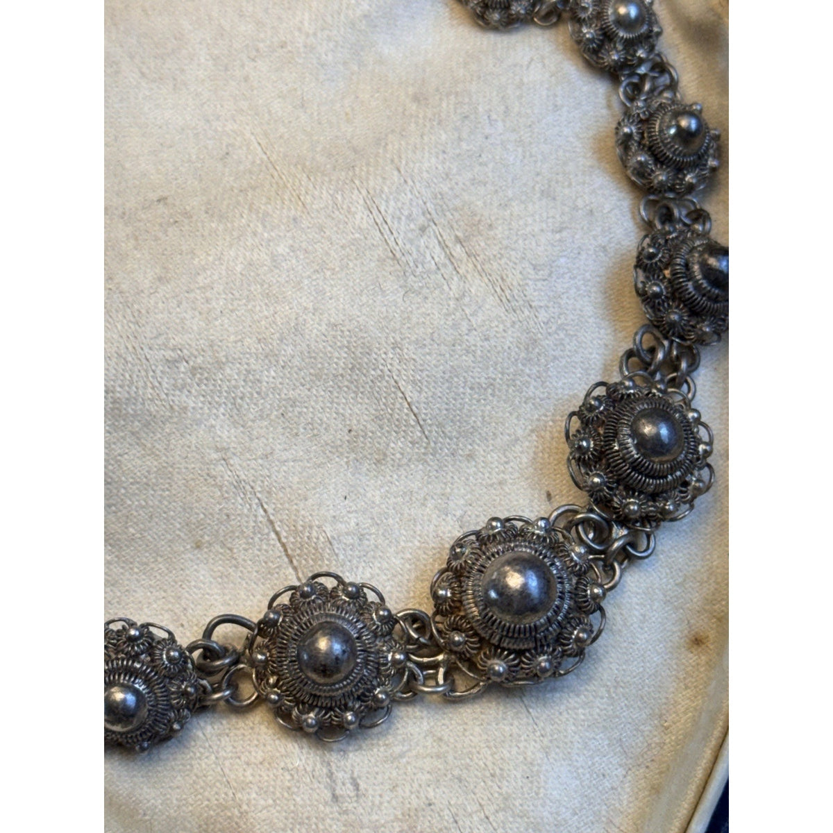 Dutch Button Necklace 835 Silver Filigree Graduated Floral Links Vintage 17.5”
