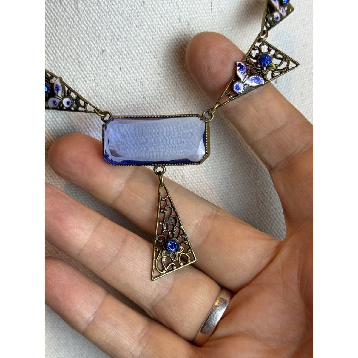 Antique Czech Necklace Blue Glass Enamel Brass Filigree Art Deco 15.5” L