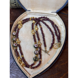 Garnet Double Strand Necklace 19” Floral Cloisonné Goldtone Beads Newly Restrung