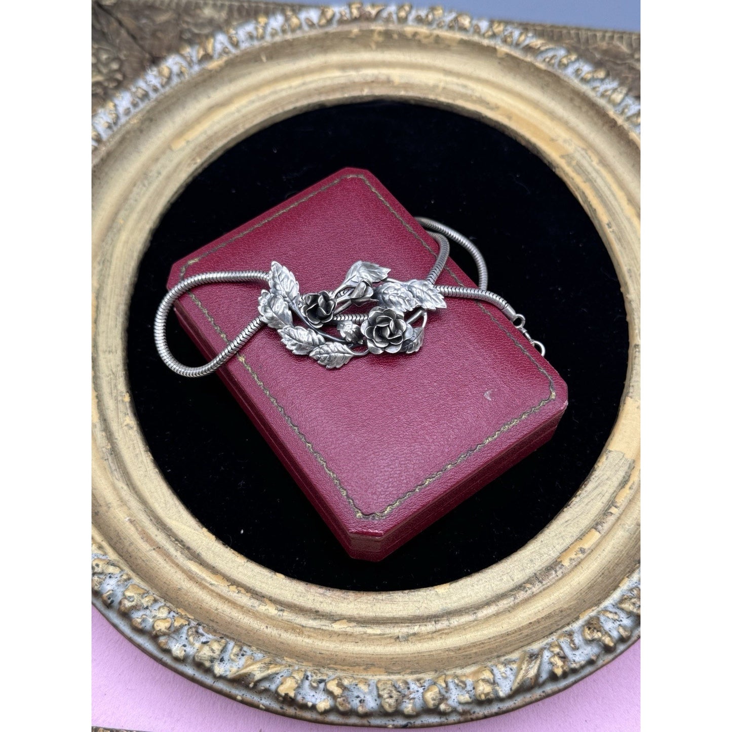 Sterling Danecraft Rose Slide Pendant Necklace Snake Chain Vintage Floral 14.5”