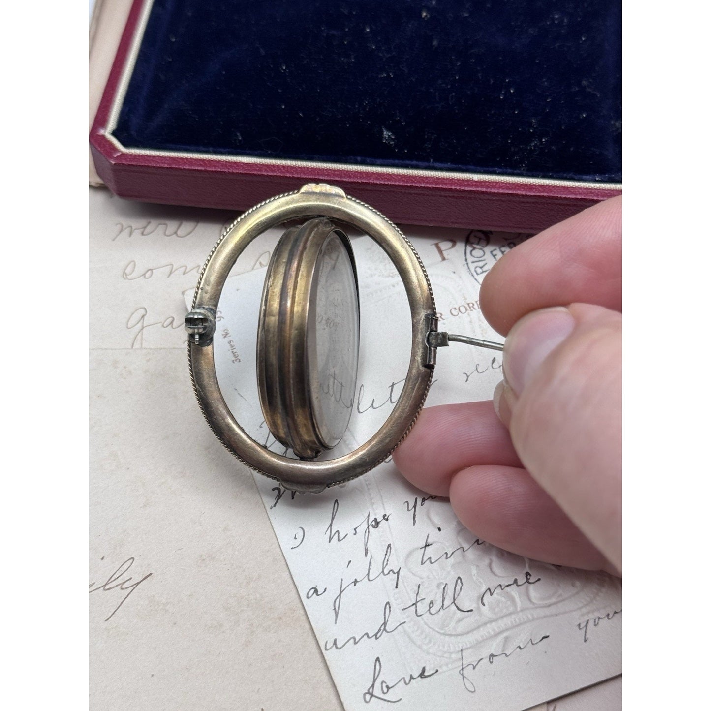 Victorian Gold Filled Mourning Brooch Swivel Hair Photo Portrait 2” ANTIQUE