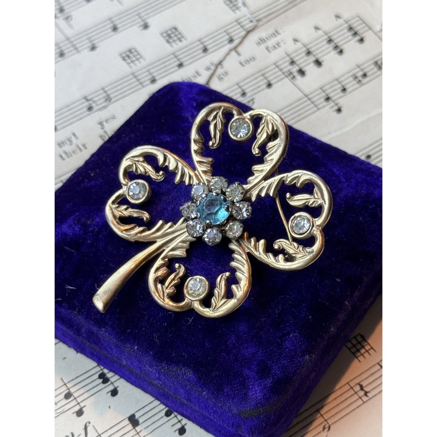 Vintage Clover Brooch 2.75” Goldtone Rhinestone Four Leaf Good Luck Jewelry