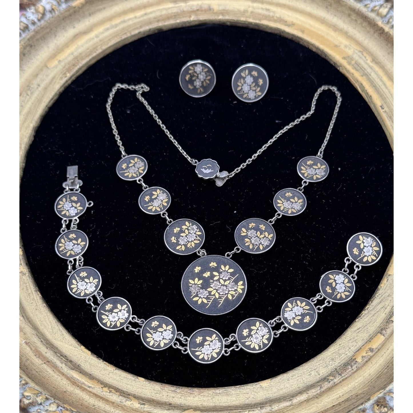 Japanese Damascene Necklace Set Silver Bracelet Earrings Floral Vintage