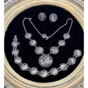 Japanese Damascene Necklace Set Silver Bracelet Earrings Floral Vintage