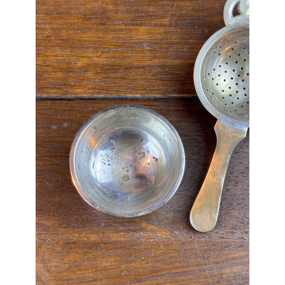 Vintage Silverplate Tea Strainer With Stand 9” Pierced Crown Handle Shabby Chic