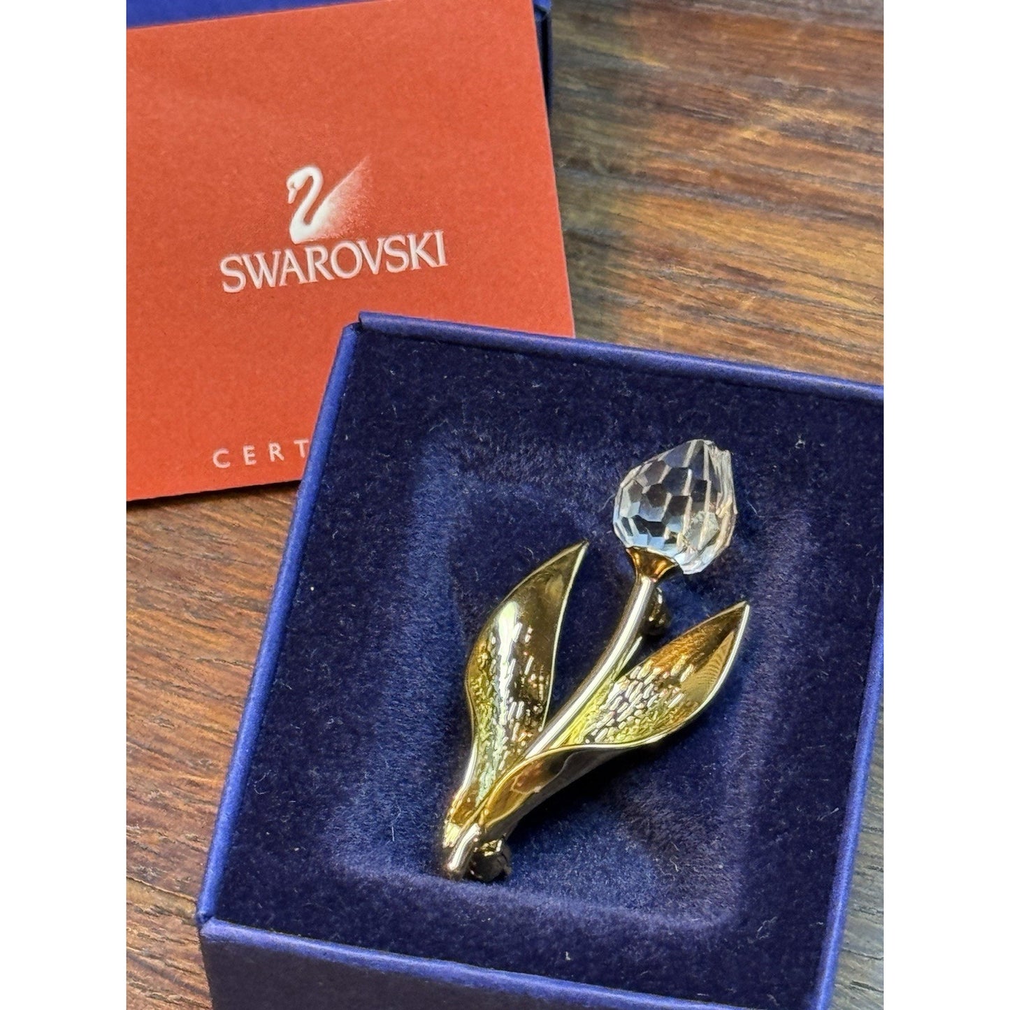 Vintage Swarovski Crystal Tulip Floral Flower Brooch Pin Gold Tone Signed In Box