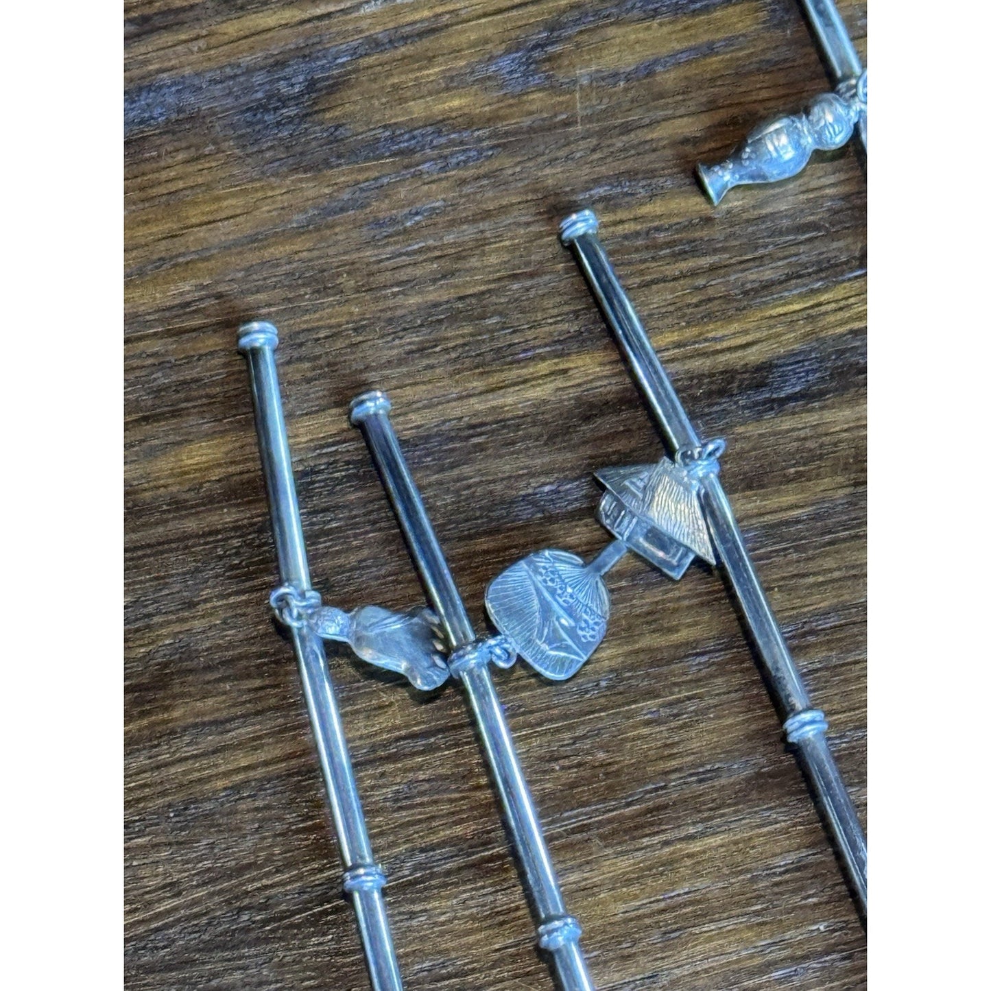 Silver Cocktail Straw Spoons 950 Sterling Bamboo Handle Asian Charms Set VINTAGE
