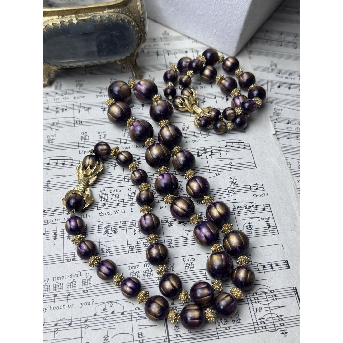 Vintage Crown Trifari Aubergine Beaded Necklace Bracelet Set Goldtone 27”