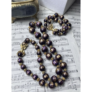 Vintage Crown Trifari Aubergine Beaded Necklace Bracelet Set Goldtone 27”