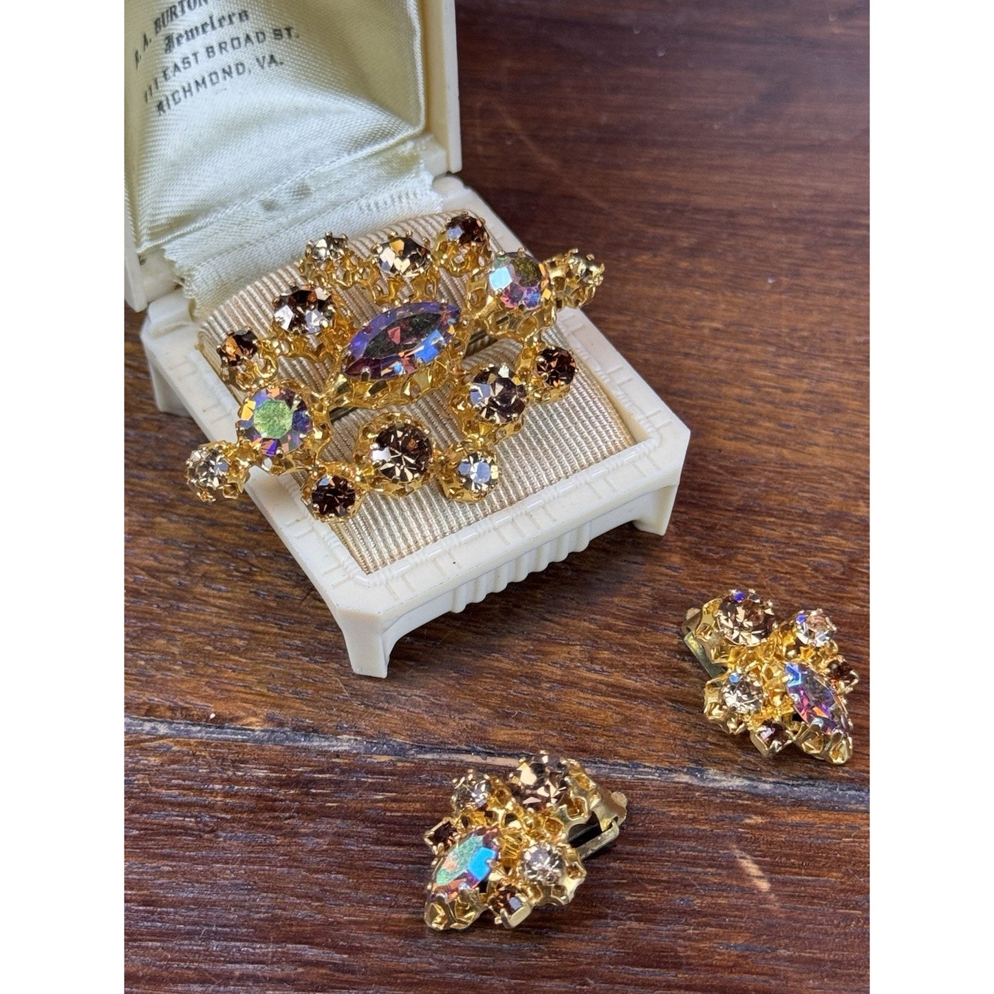 Vintage STAR Austria Brooch Earrings Set AB Rhinestone Goldtone 2” Demi Parure