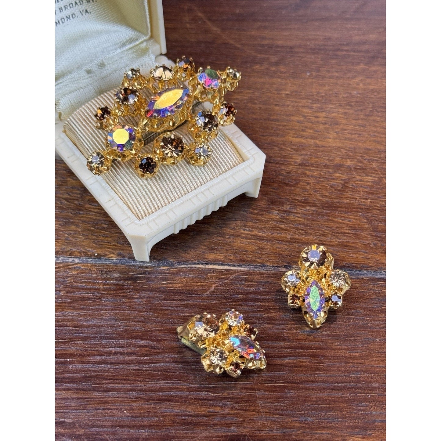 Vintage STAR Austria Brooch Earrings Set AB Rhinestone Goldtone 2” Demi Parure
