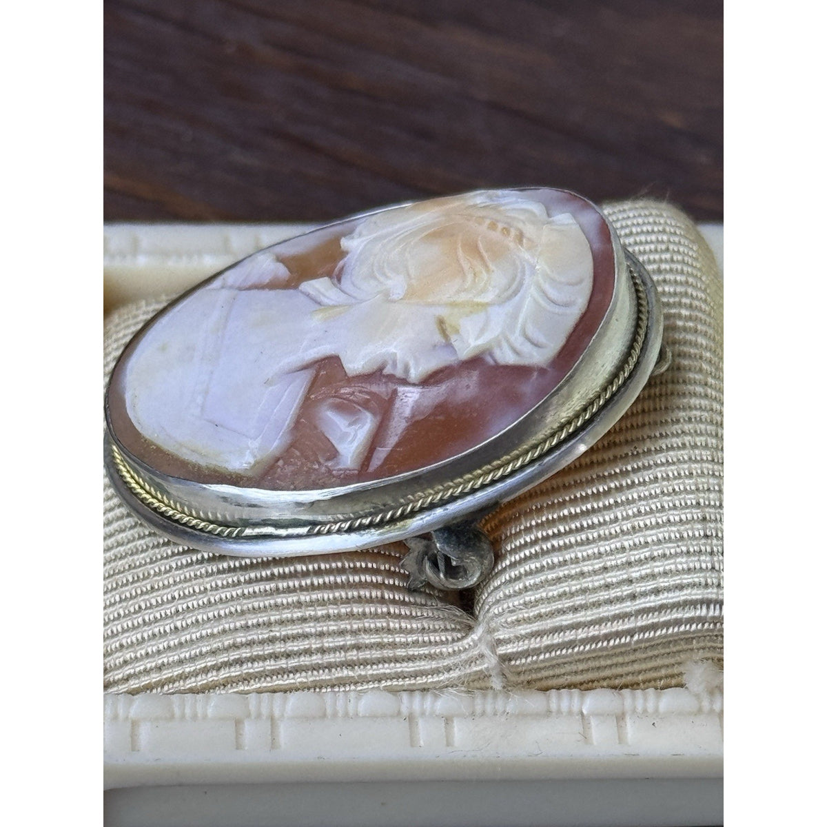 Vintage 800 Silver Shell Cameo Brooch Pendant Hand Carved Lady 1.25”
