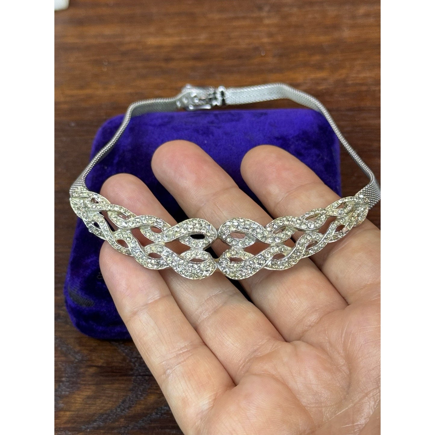 Vintage Rhinestone Collar Necklace Silvertone Mesh Art Deco Style Statement 14”