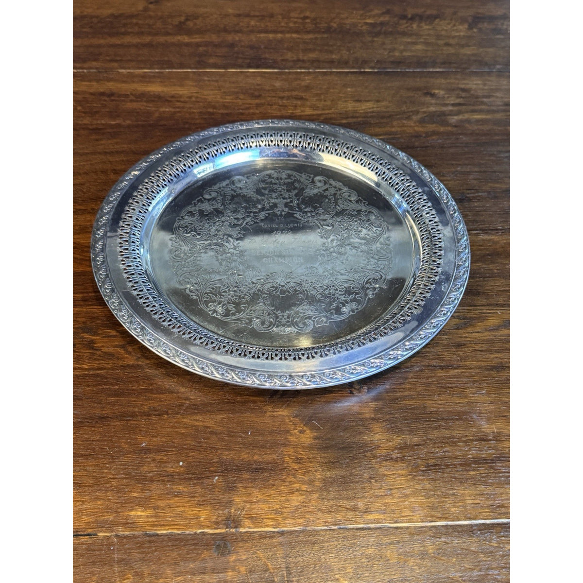 Silverplate Reticulated Charger Tray Ornate Engraved Tennis Trophy 1972 12”