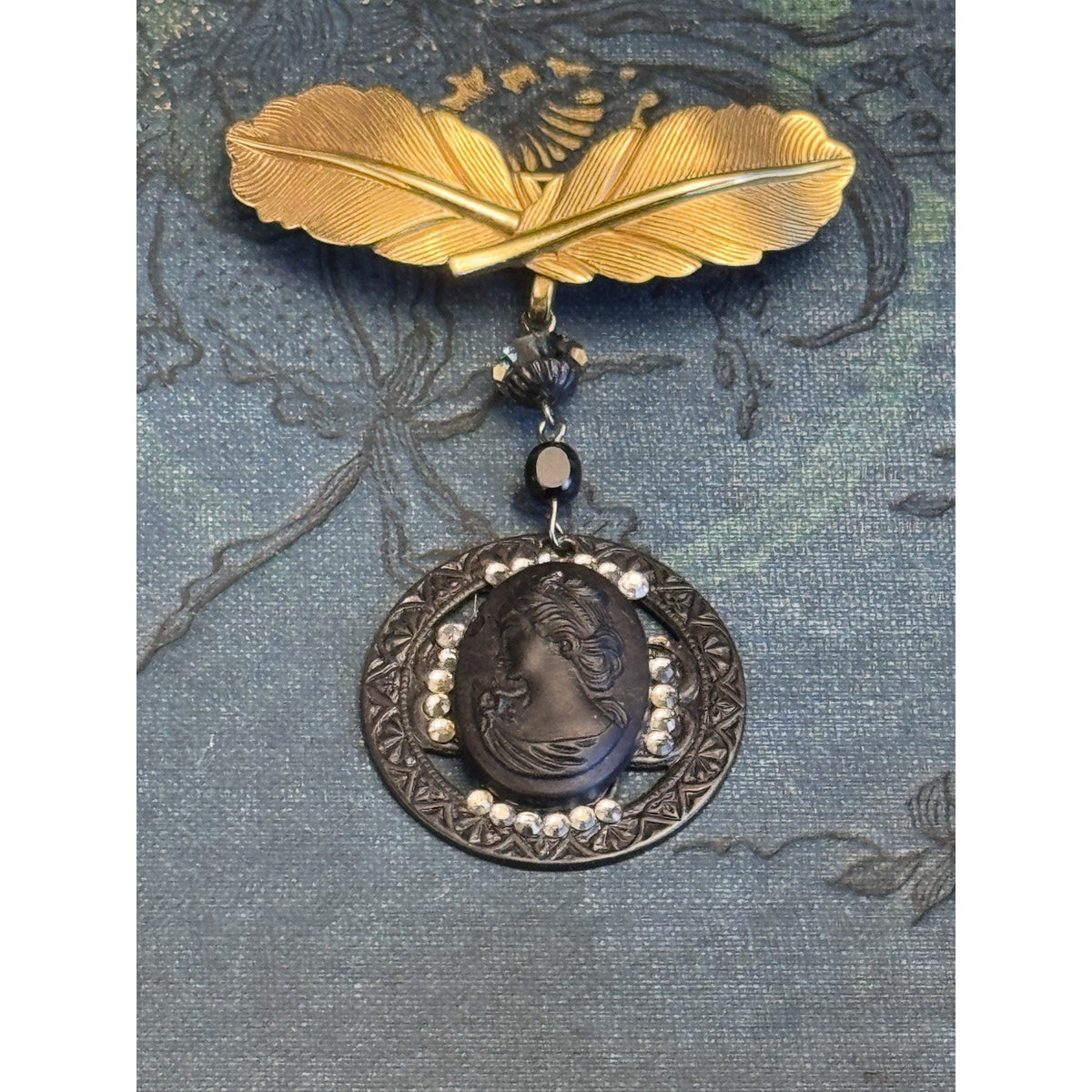Cameo Brooch Gold Filled Hook Black Rhinestone Pendant Vintage 2.25” x 1.75”