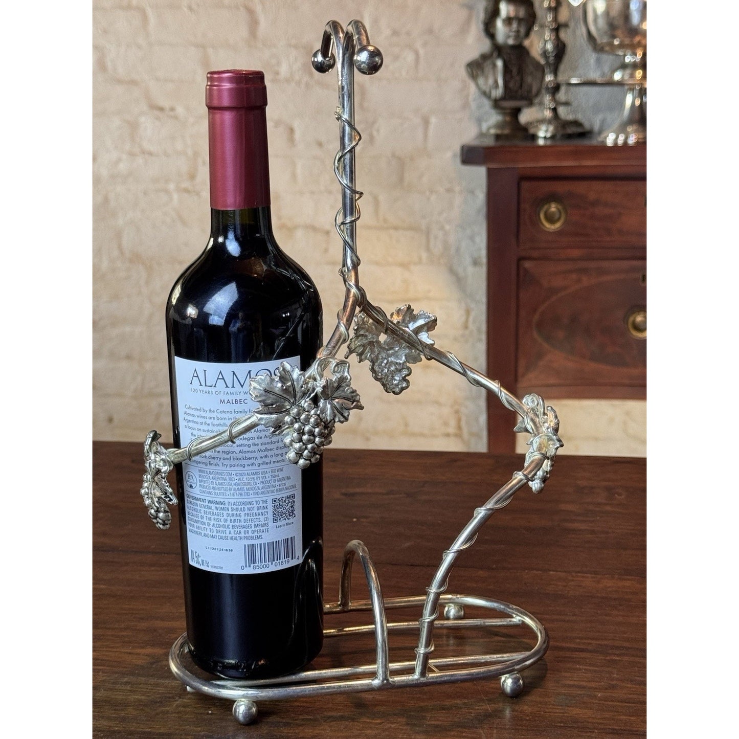 Silverplate Wine Bottle Caddy Grapes Vine 2 Bottle Holder 13.25”