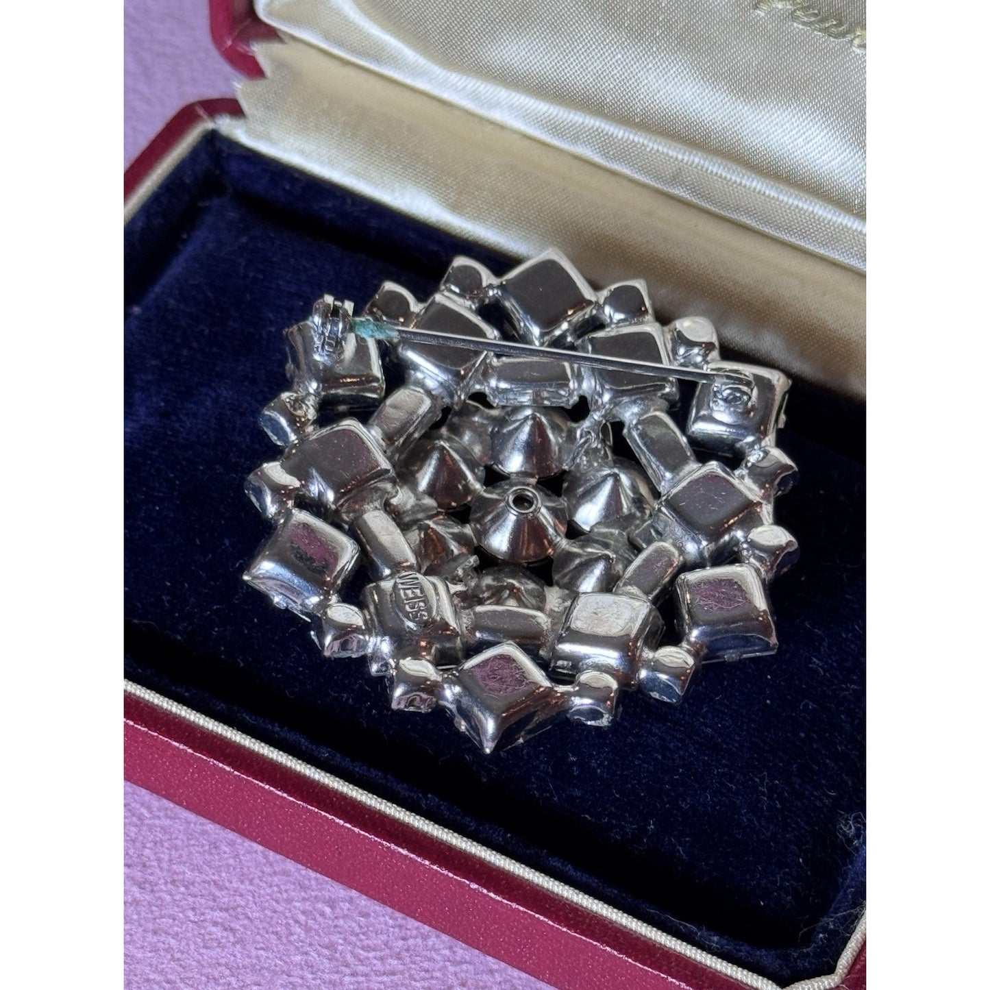 Vintage WEISS Brooch Clear Rhinestone Signed 2” Round Baguette Square