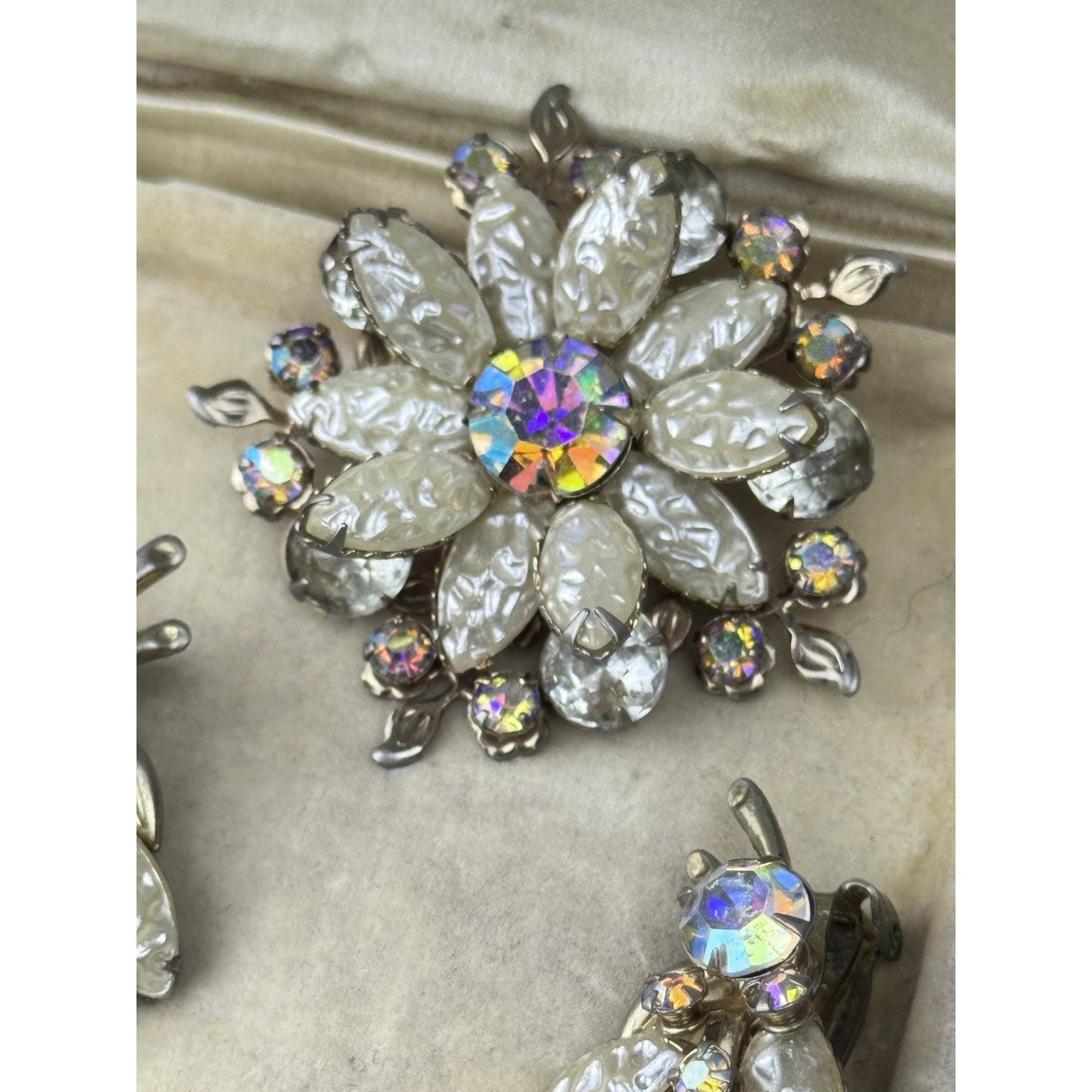Brooch Clip Earrings Demi Parure Set Vintage Faux Pearl AB Rhinestone Floral