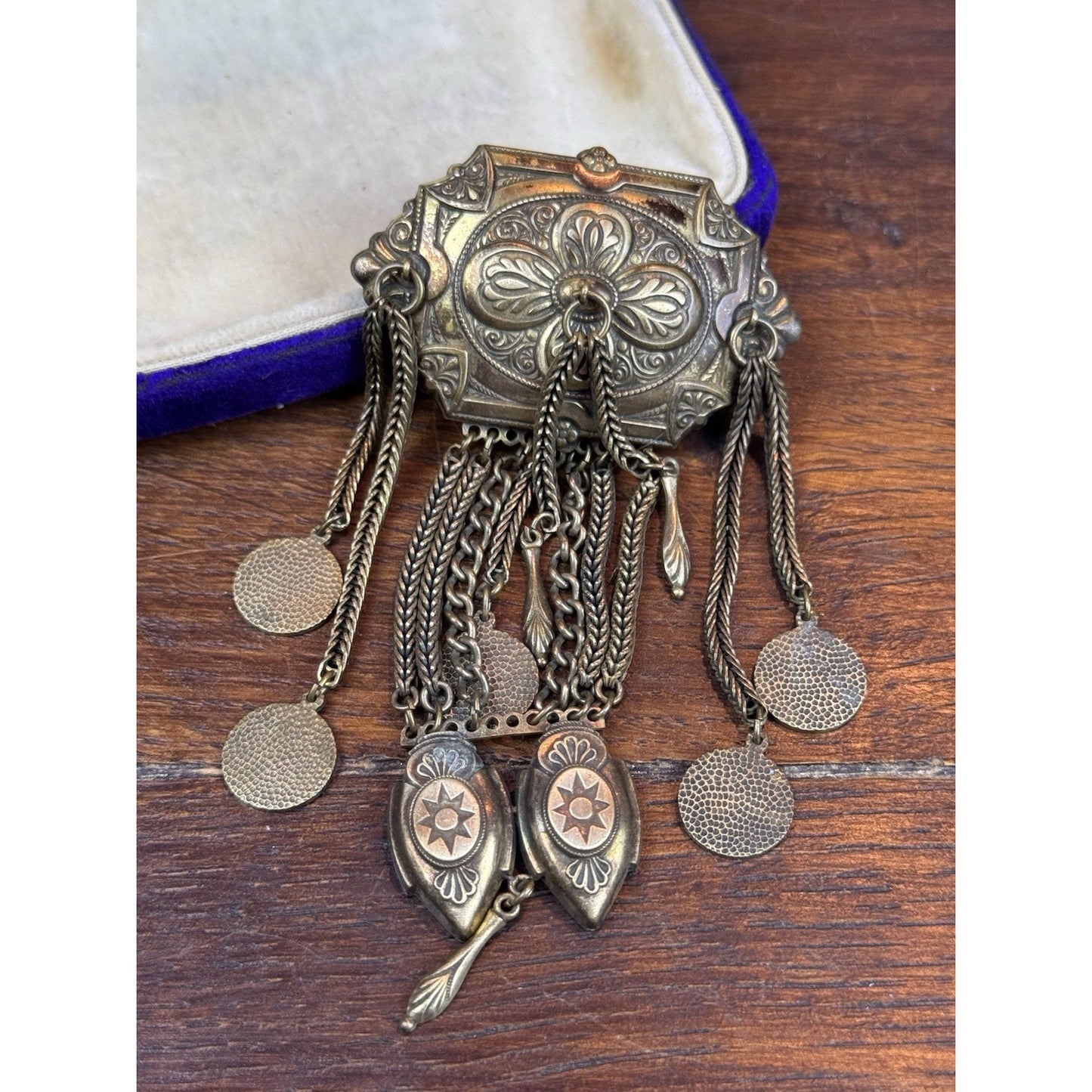 Vintage Chatelaine Brooch Brass Tone Ornate Victorian Revival Dangle Tassel