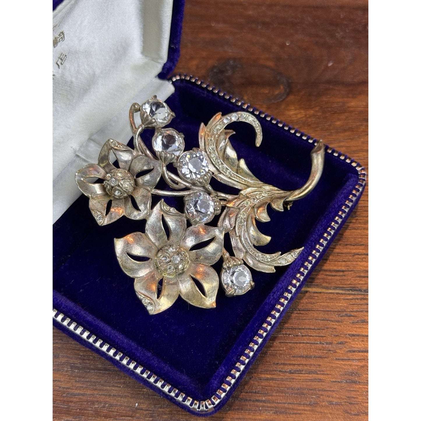 Vintage Brooch Silver-Goldtone Floral Clear Rhinestone Flower Spray Large 3”