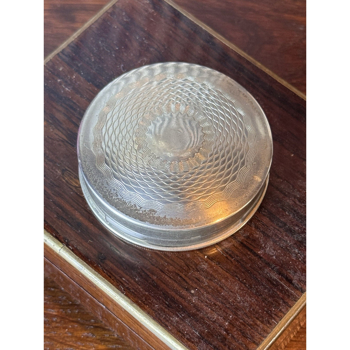Antique Compact Norida 1924 Silvertone Powder Mirror Sifter Puff USA 2” EMPTY