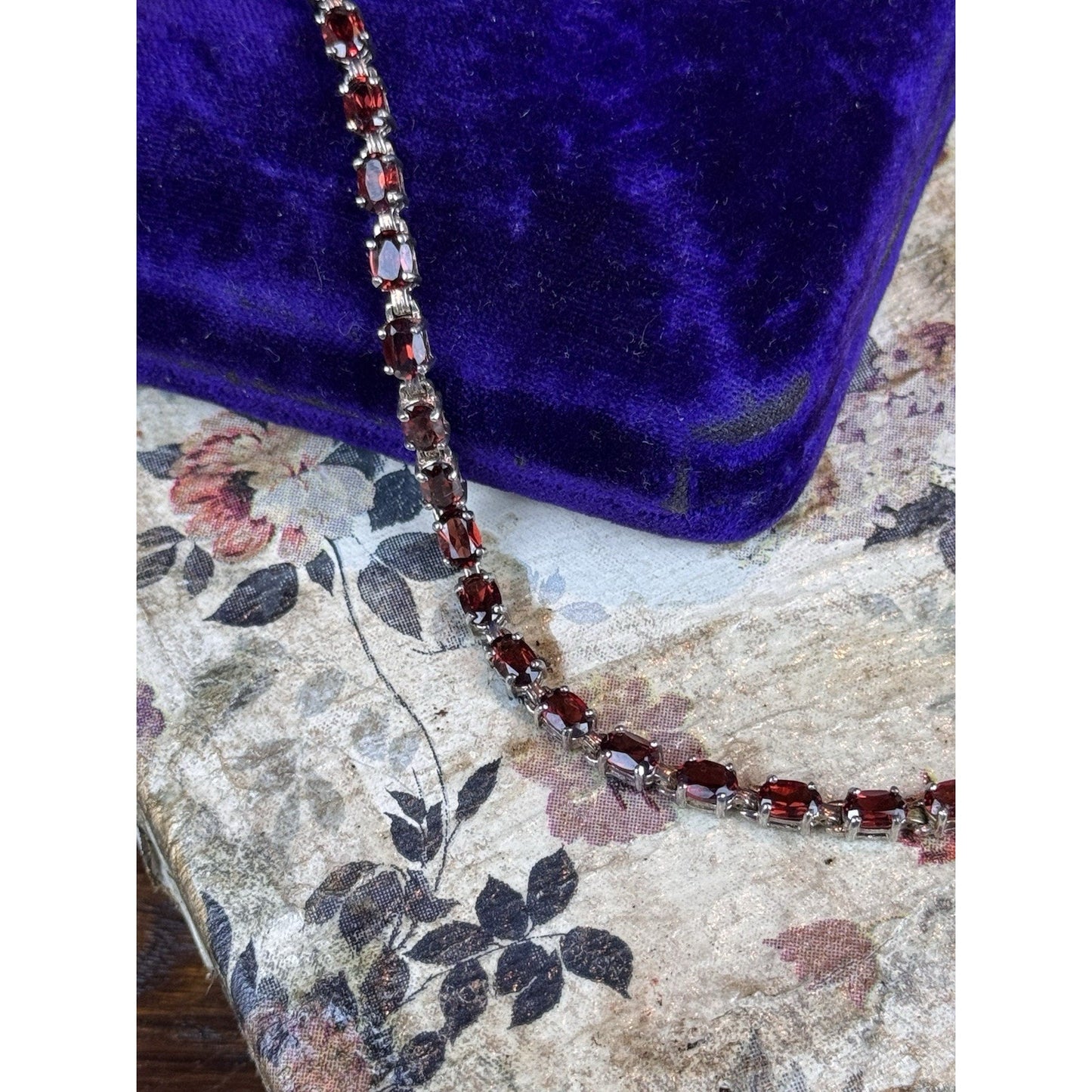 925 Sterling Silver Red Stone Tennis Bracelet Oval Stones 7”