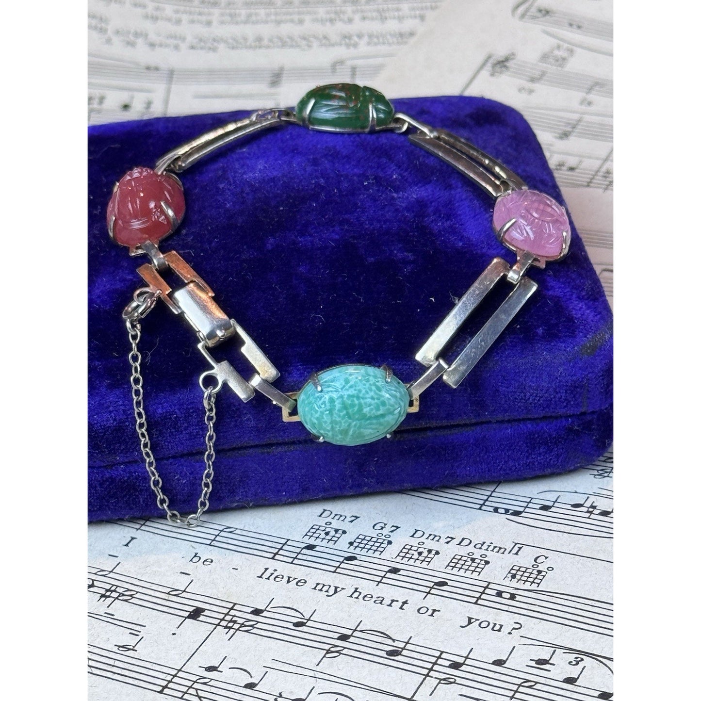 Vintage Silvertone Glass Scarab Bracelet Egyptian Revival 7.5” Pink Green Blue