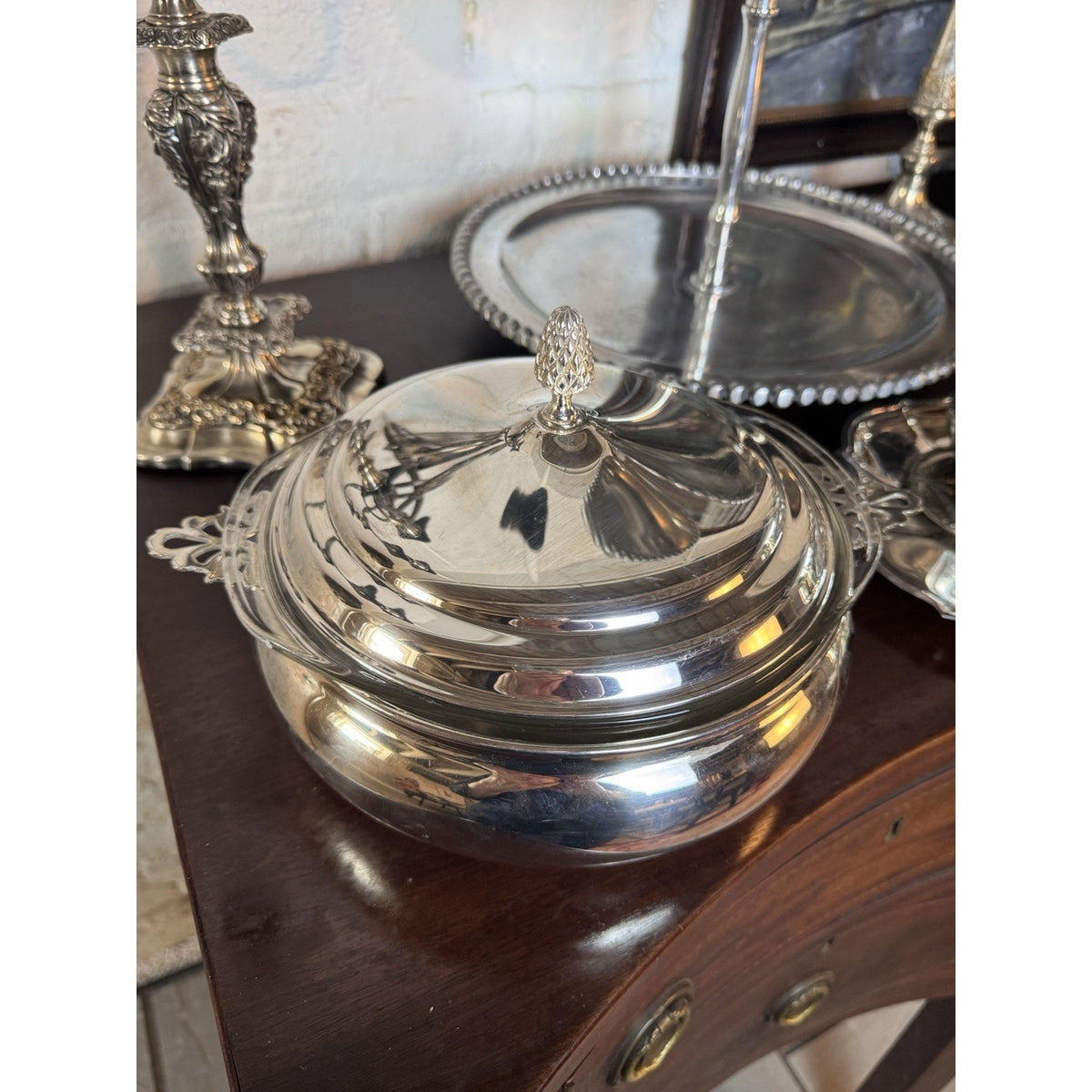 Silverplate Casserole Server Sheffield Silver Co Pyrex Insert Pinecone Lid 9”