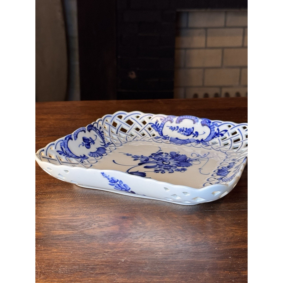 Royal Copenhagen Porcelain Reticulated Blue White Square Bowl 9.25” VINTAGE