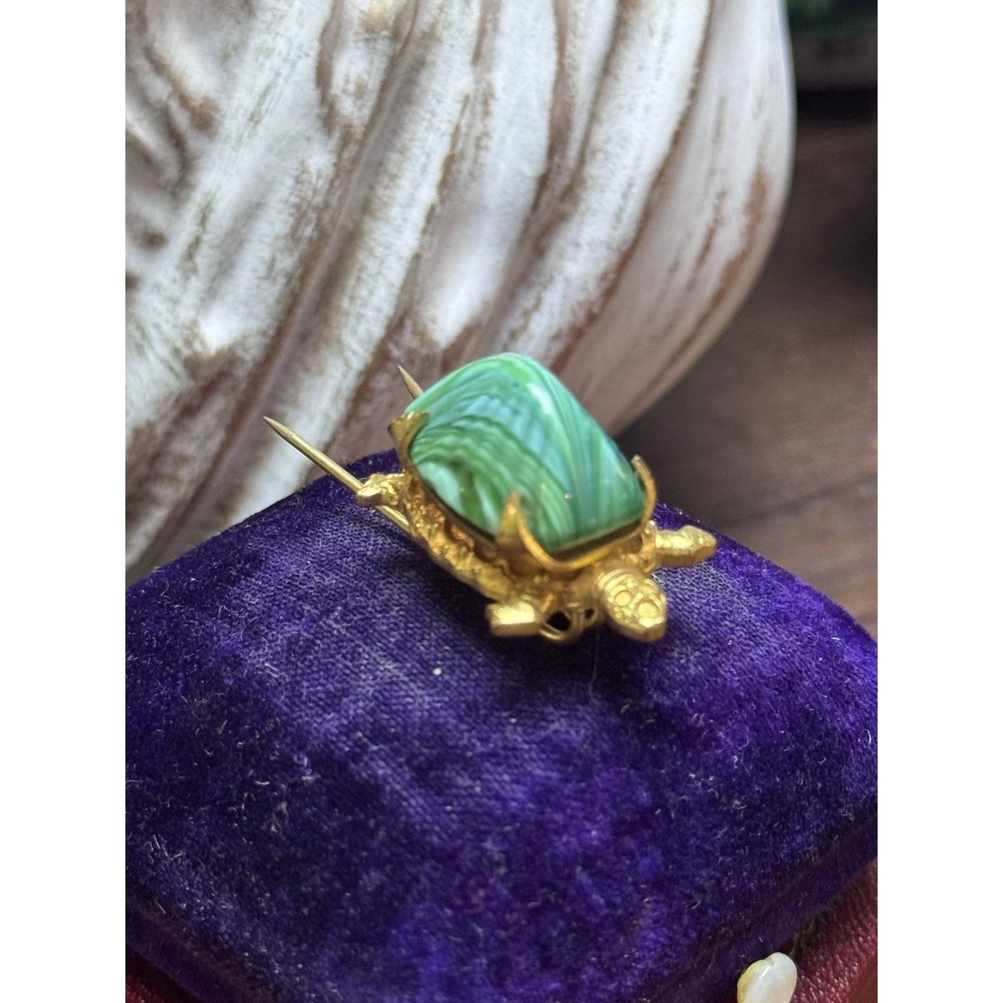 Vintage Turtle Stick Pin Green Marbled Glass Goldtone Double Prong Figural