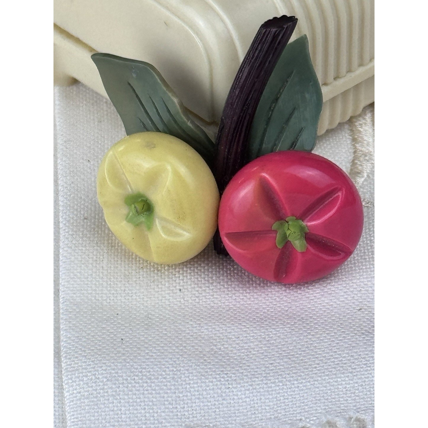 Plastic Fruit Brooch Pink Yellow Persimmon Figural Pin 2” Mid Century VINTAGE