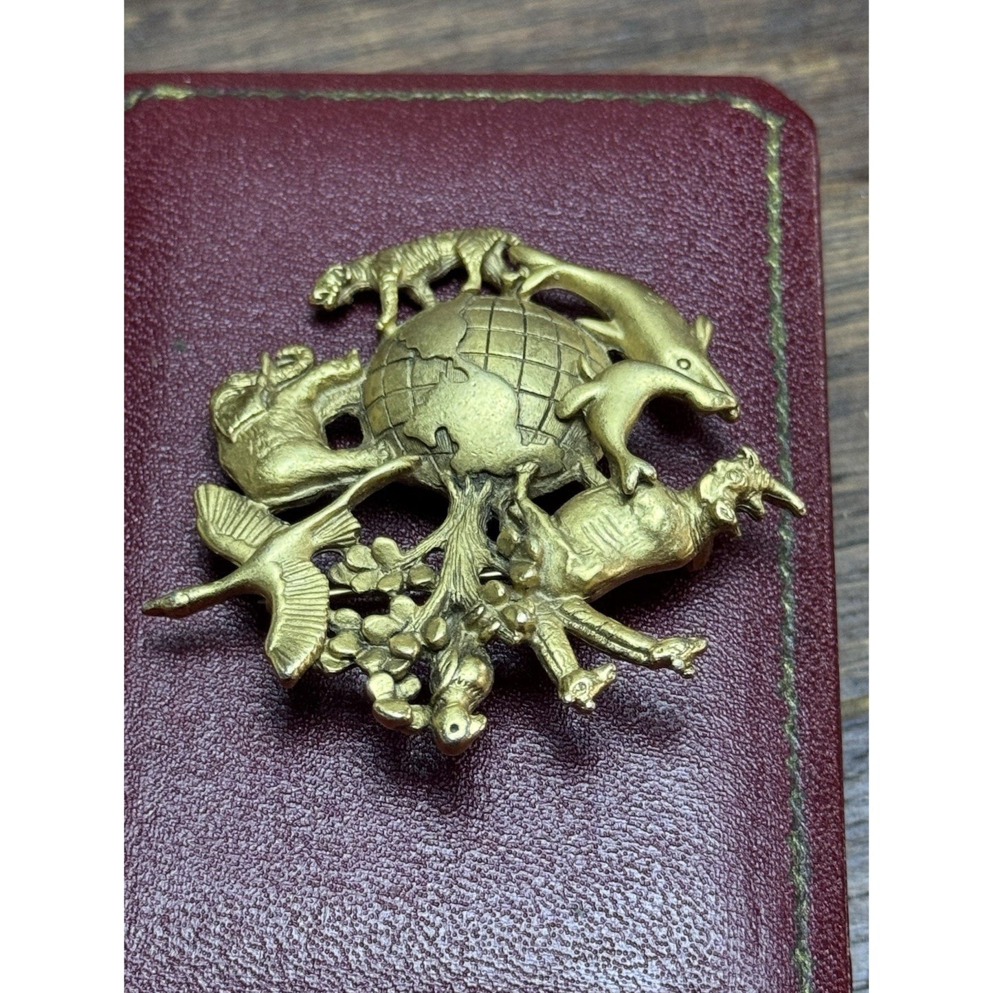 Vintage Brooch AJC Animal Kingdom Globe Goldtone World Wildlife