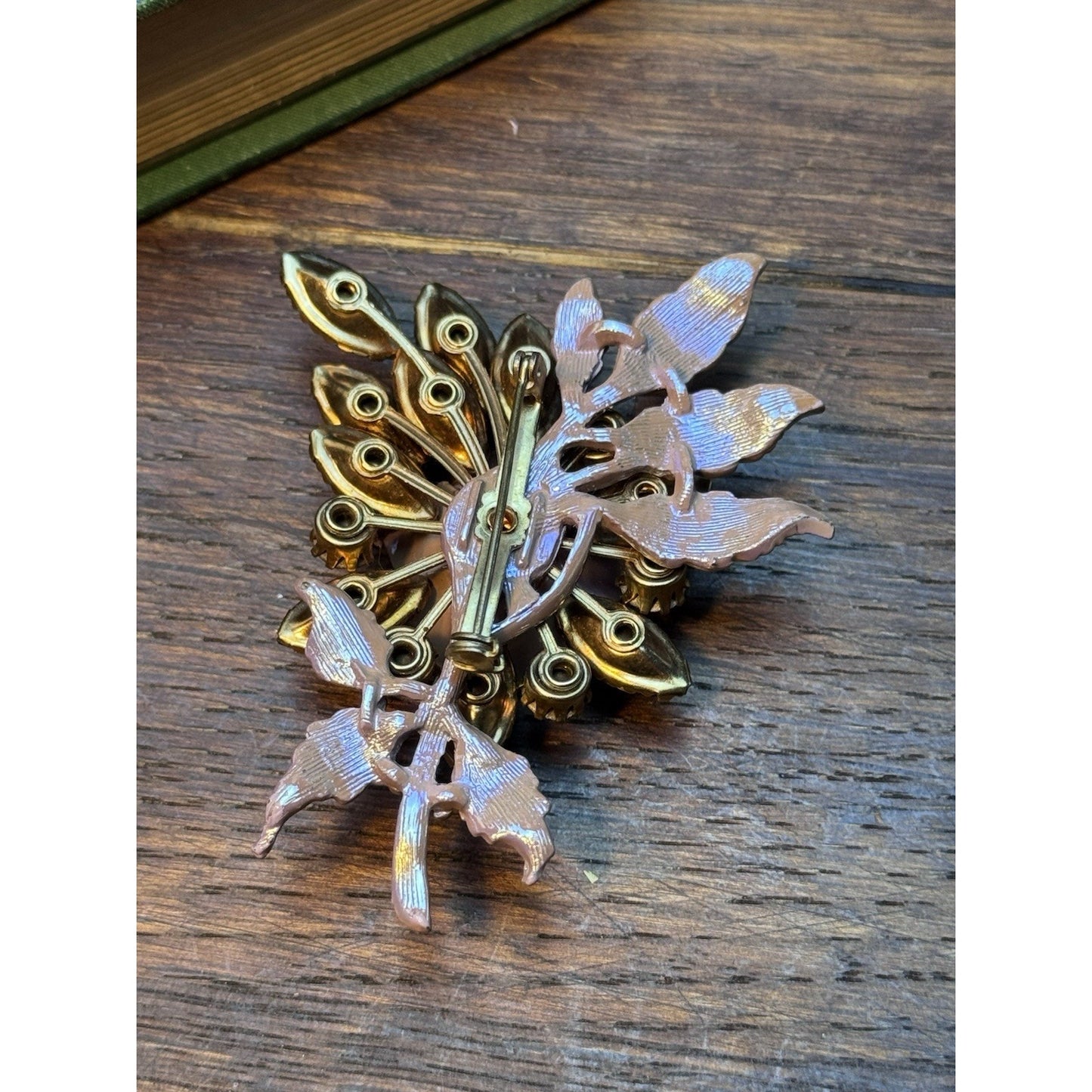 Vintage Lilac Enamel Floral Spray Brooch Smoky Lavender Rhinestones 3”
