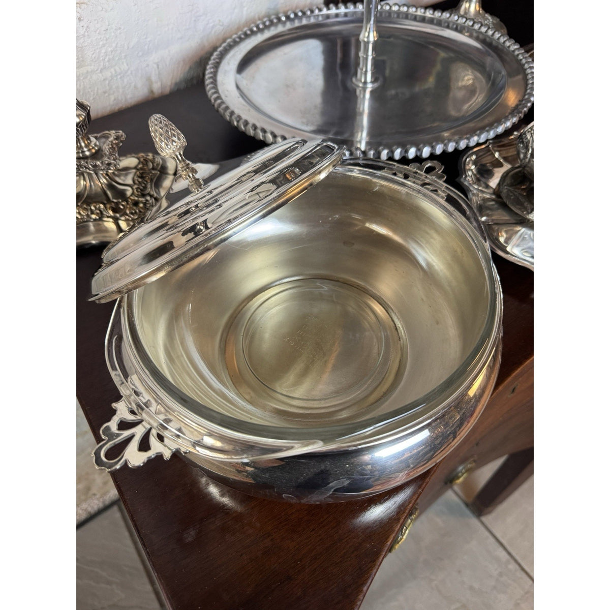 Silverplate Casserole Server Sheffield Silver Co Pyrex Insert Pinecone Lid 9”