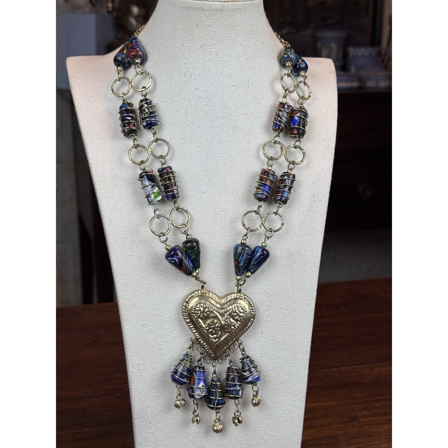 Millefiori Glass Necklace Double Strand Heart Pendant Artisan Statement 23.5”
