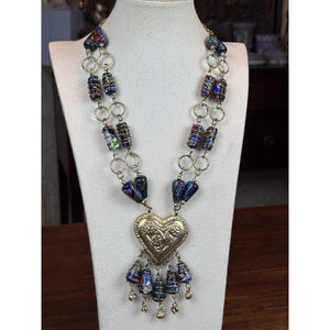 Millefiori Glass Necklace Double Strand Heart Pendant Artisan Statement 23.5”